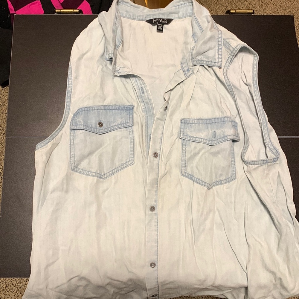 Ladies sleeveless denim button up